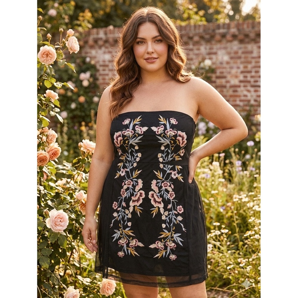 City‎ Chic Embroidered Strapless Dress L/20 Black Floral Mesh Romantic Womens